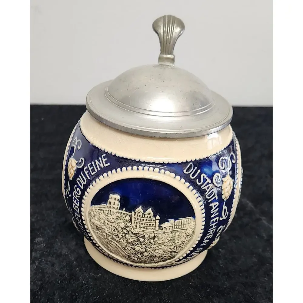 Vintage Stoneware Beer Stein w Pewter Lid Made in Germany